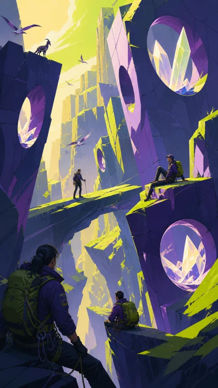 Adult climbers crossing a mineral canyon that softly rings in the wind, while careful observation reveals the landscape's unusual rule. Vertical ascent composition with several cle