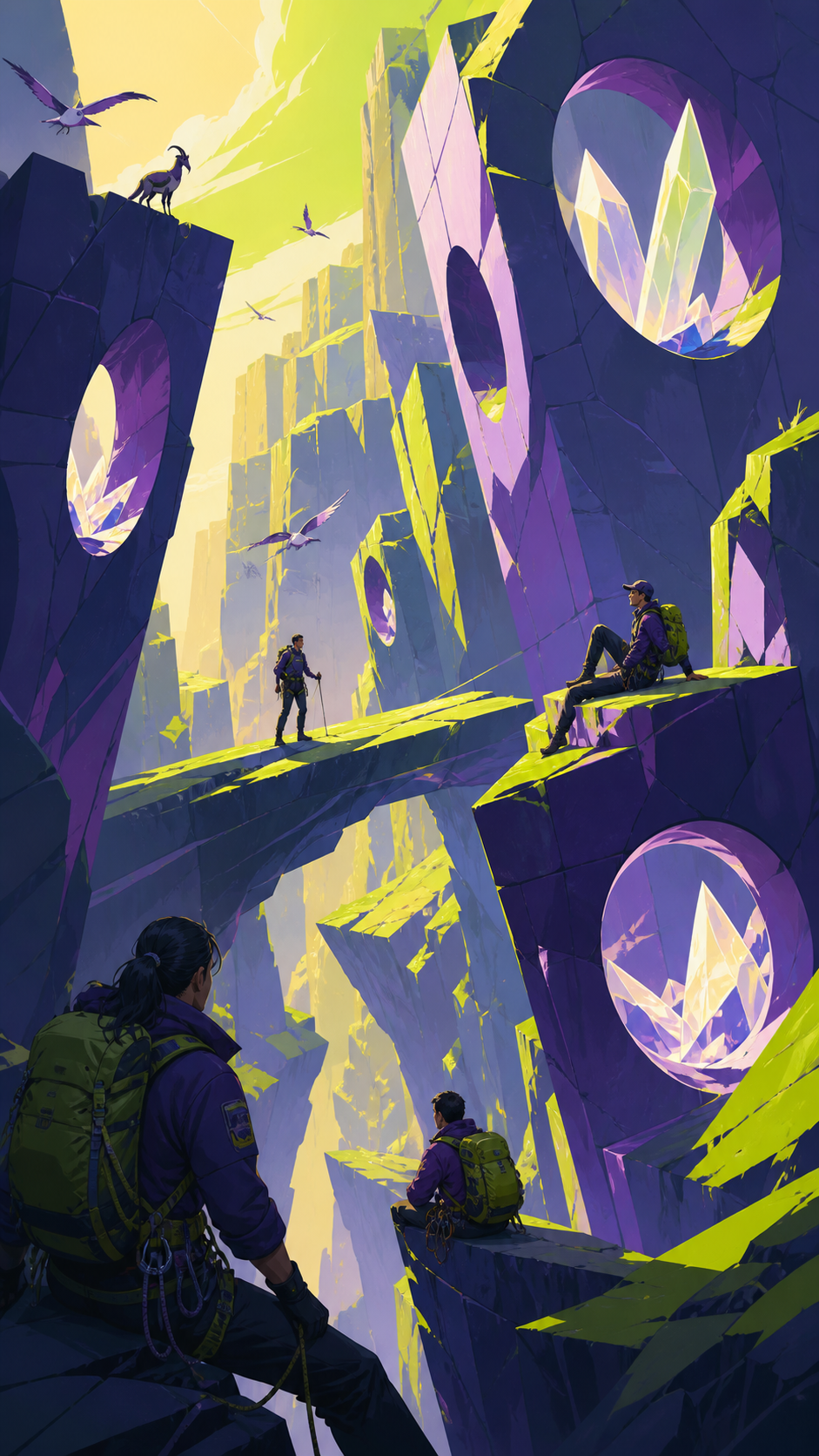 Adult climbers crossing a mineral canyon that softly rings in the wind, while careful observation reveals the landscape's unusual rule. Vertical ascent composition with several clear resting points. Acid lime, ultraviole