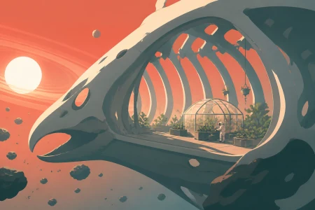 An astronaut tending a greenhouse inside the skeleton of a moon-sized creature, at the calm center of a vast gravitational phenomenon. Expansive widescreen composition with strong 