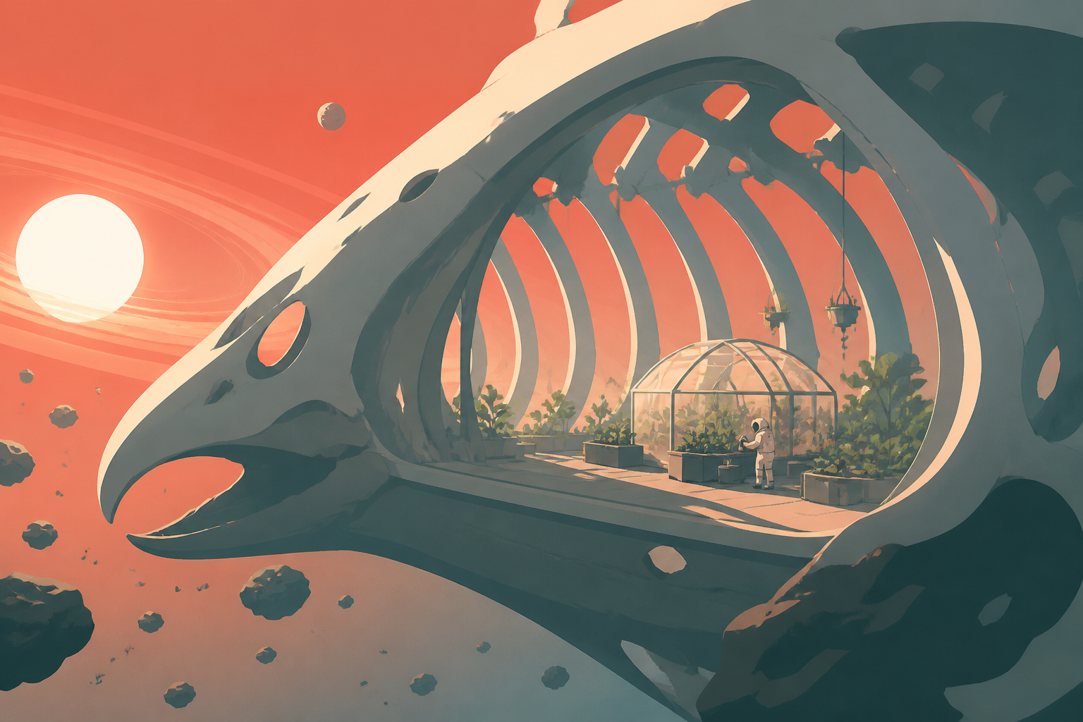 An astronaut tending a greenhouse inside the skeleton of a moon-sized creature, at the calm center of a vast gravitational phenomenon. Expansive widescreen composition with strong negative space. Vermillion, charcoal, wa