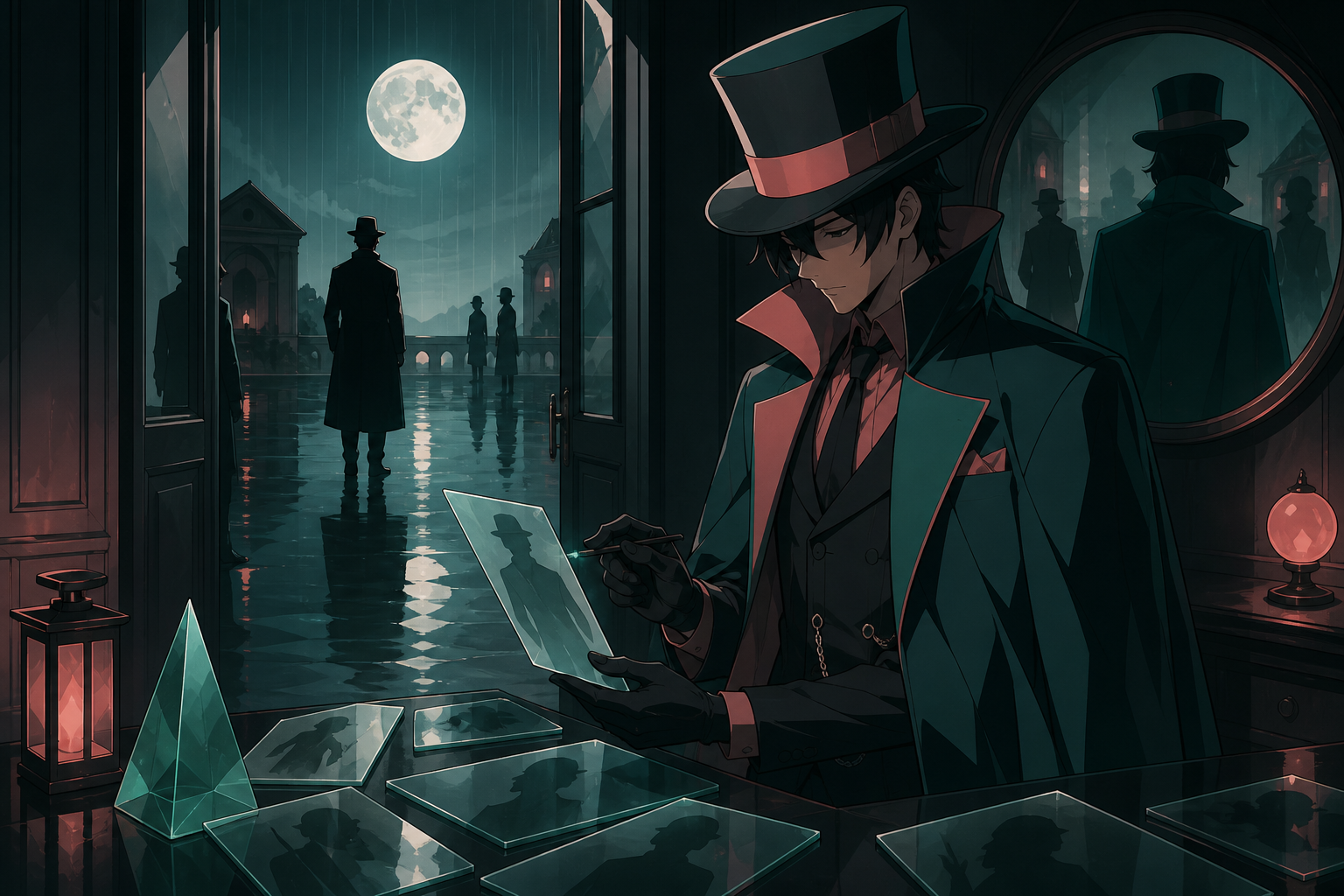 A forensic magician cataloging shadows that belong to missing people, during a rain-heavy night with no obvious culprit in sight. Cinematic noir frame using doorways and reflected figures to layer the mystery. Sea-glass 