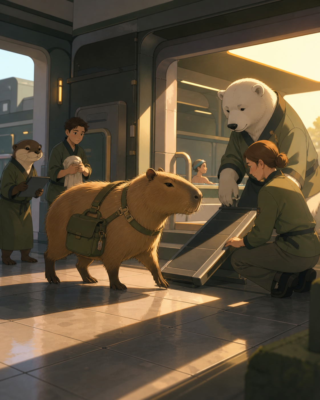 A capybara commuting calmly through a futuristic bathhouse, as humans and animals solve a practical problem together. Low animal-height perspective through a functional environment. Moss green, slate gray, mushroom cream