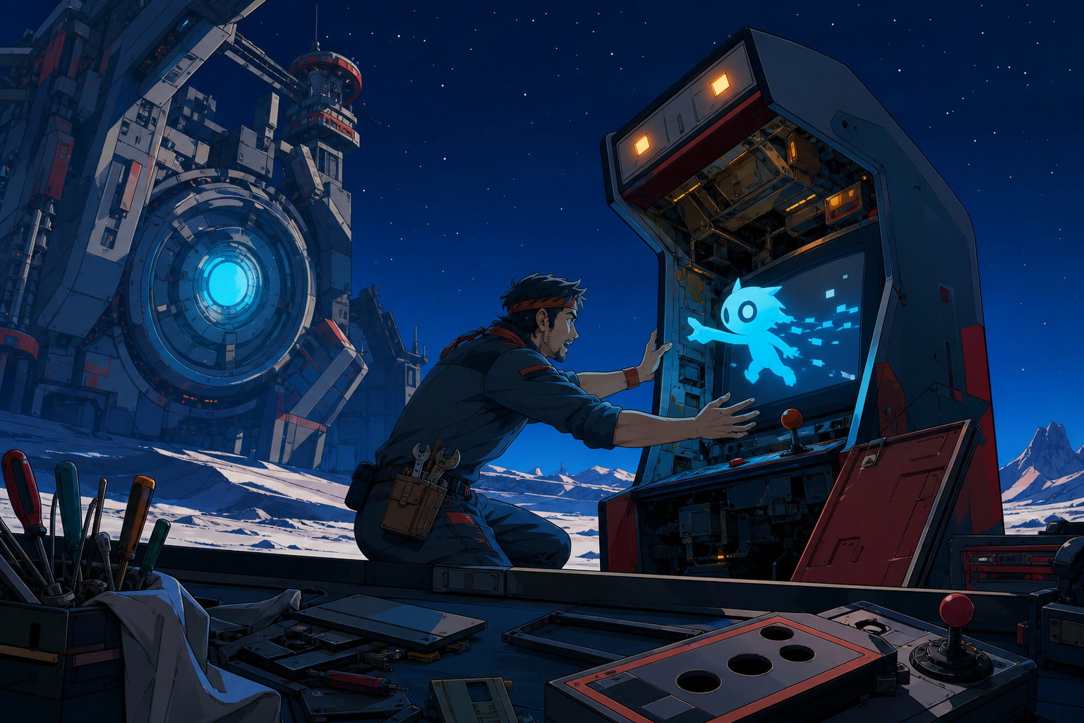 An adult arcade technician coaxing a lost digital creature back into its cabinet, as one machine behaves differently from every previous night. Close counter scene with equipment creating strong foreground shapes. Petrol