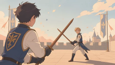 Two young royal guards practicing with wooden blades at dawn, in the instant both combatants realize the conflict has another solution. Over-the-shoulder confrontation with the opp