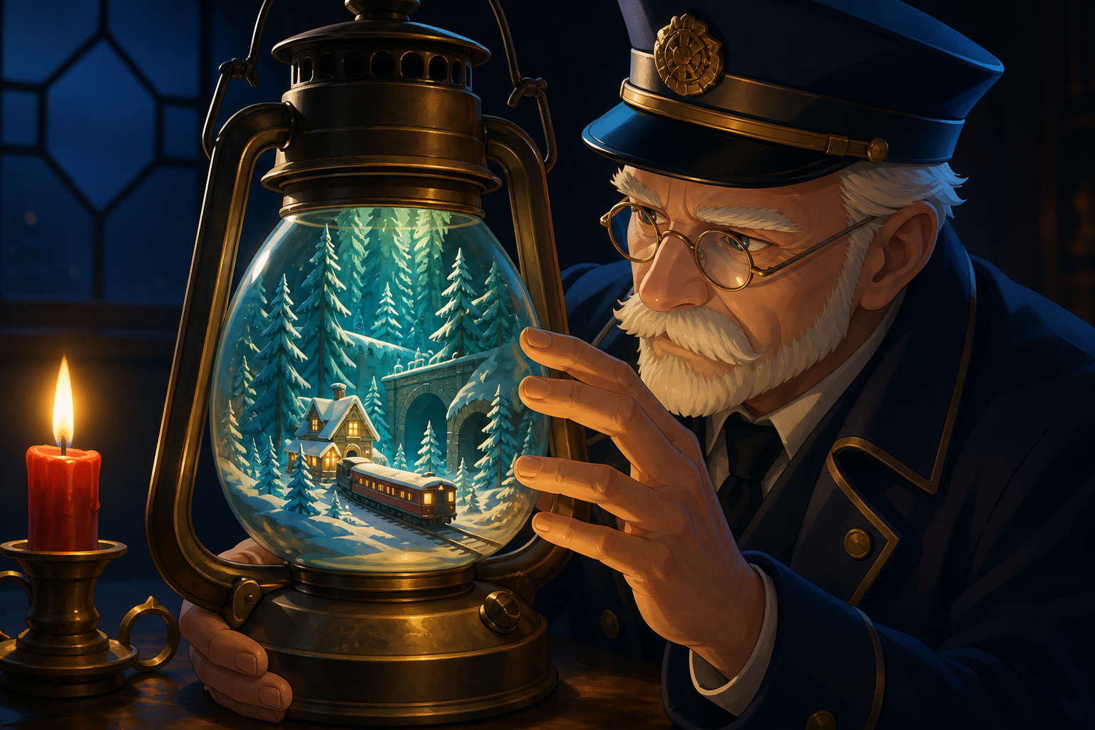 A winter forest growing inside an old train conductor's lantern, with scale contrast serving as the entire visual idea. Split-scale composition balancing a human figure and inner civilization. Emerald, stained-glass ruby