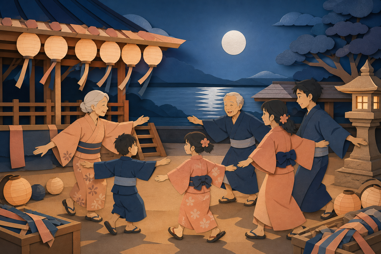 Grandparents teaching their family a traditional circle dance, in the calm hour after the final visitors have gone. Quiet post-festival composition centered on workers and leftover light. Sun-bleached peach, desert ochre