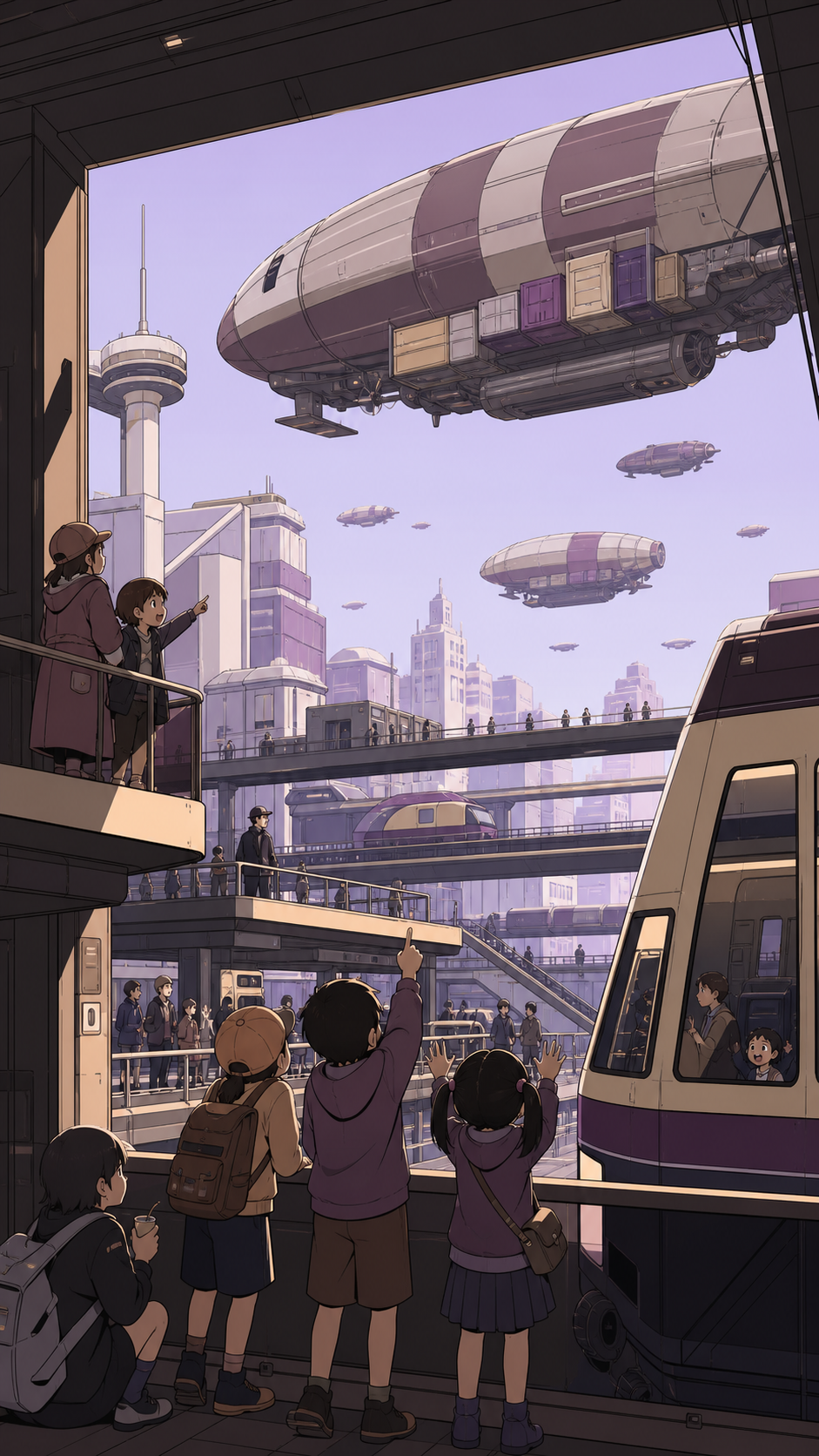 Children watching freight airships pass above a suburban station, as the route passes through several distinct levels of the city. Wide station frame showing vehicle, platform, and multiple passenger stories. Mulberry, t