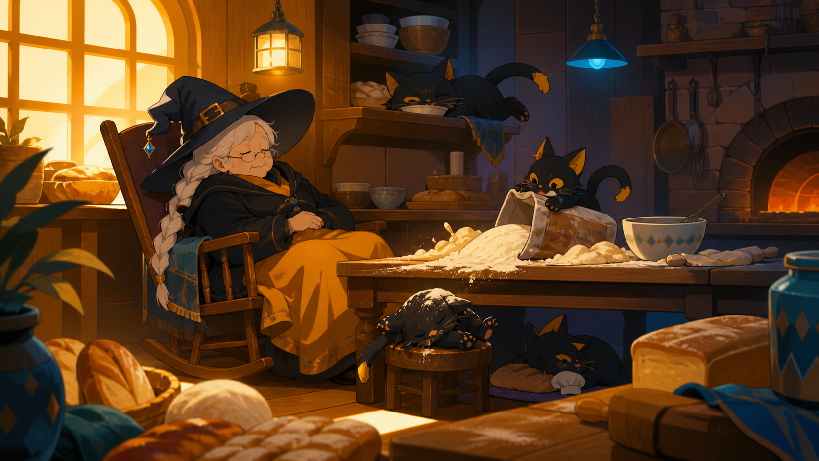 A tiny bakery shared by an elderly witch and several flour-covered familiars, during a quiet afternoon nap interrupted by one small mishap. Cozy eye-level view with foreground objects framing the scene. Saffron, peacock 