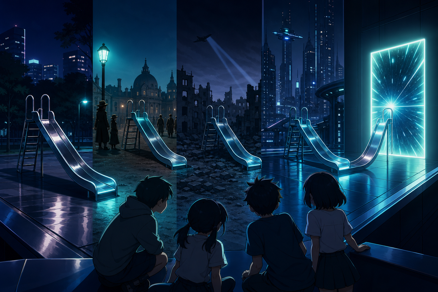 Children discovering that one playground slide exits tomorrow, as one ordinary object remains unchanged across every era. Wide continuous scene divided naturally into several eras. Ultramarine, bioluminescent turquoise, 