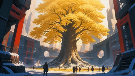 A lone golden ginkgo marking the center of an abandoned future city, with tiny visitors clearly revealing the extraordinary scale. Vertical hero view showing the full tree from roo