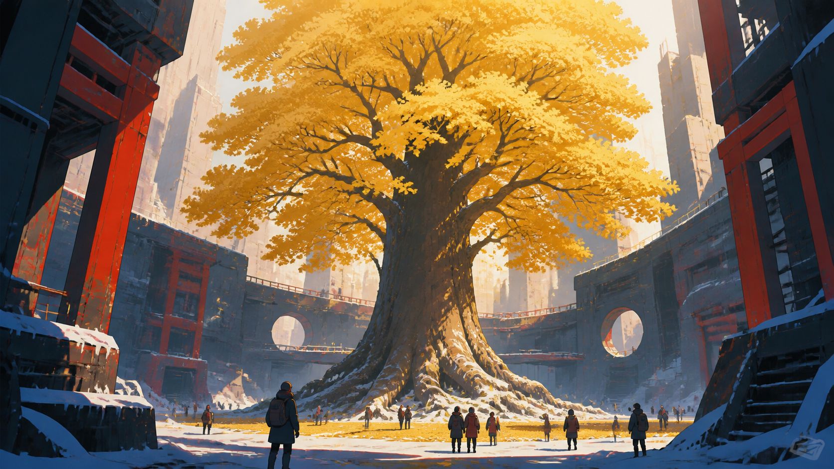 A lone golden ginkgo marking the center of an abandoned future city, with tiny visitors clearly revealing the extraordinary scale. Vertical hero view showing the full tree from roots to crown. Pine black, snow blue, ceda