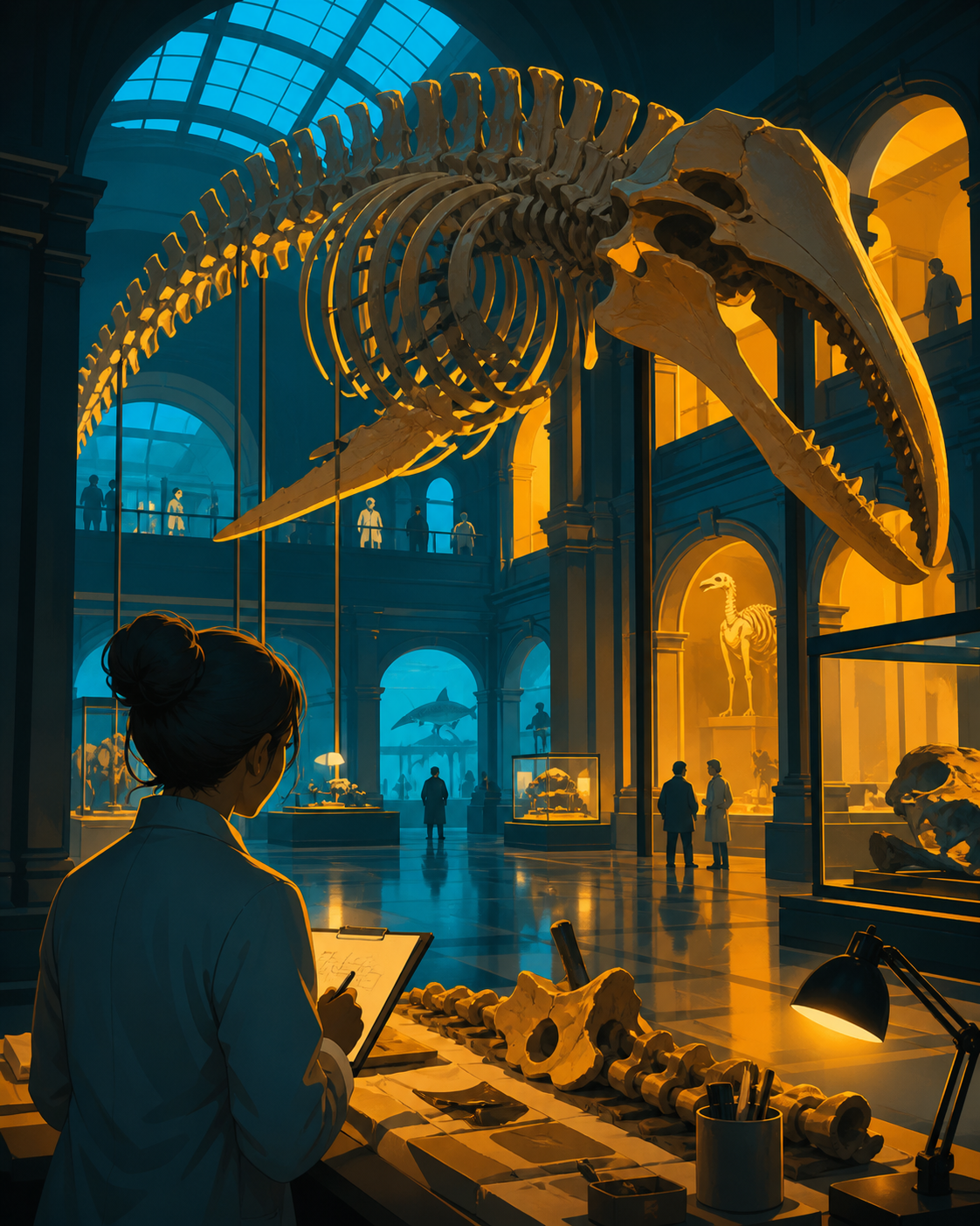 A natural history hall where one enormous skeleton remembers being alive, seen as a place of wonder and scholarship rather than danger. Over-the-shoulder conservation view revealing several gallery depths. Saffron, peaco