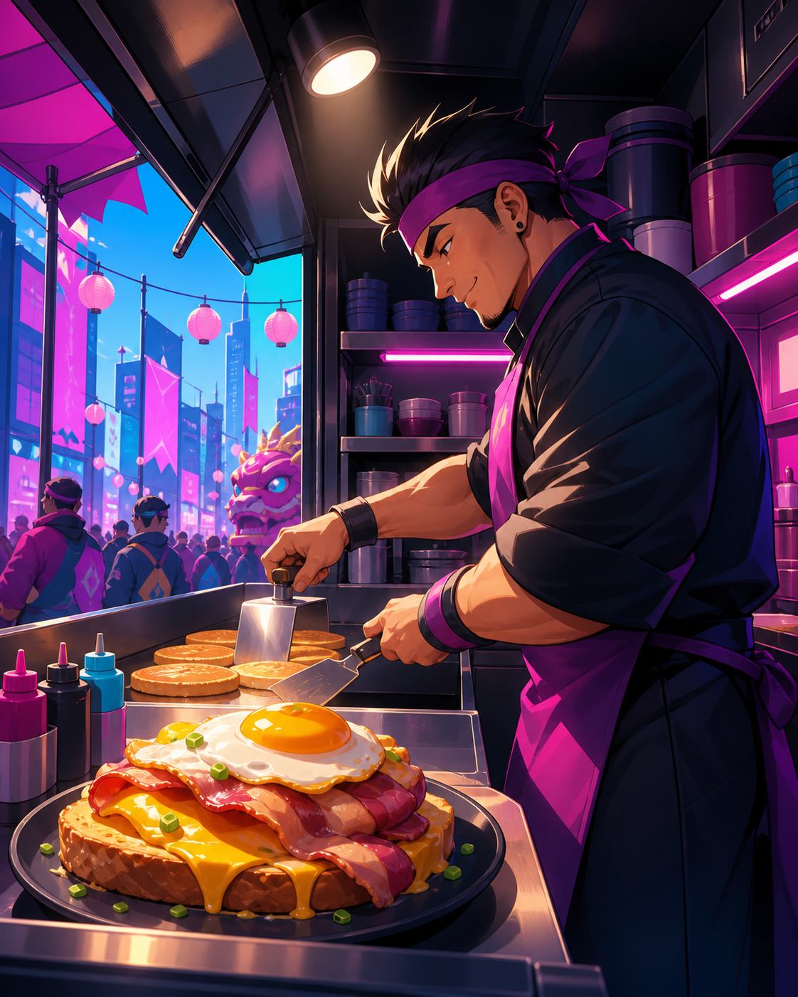 An adult street cook opening a breakfast cart before a citywide festival, in a compact kitchen where every movement has a practical purpose. Counter-side view with the cook and one memorable dish as dual focal points. Sa