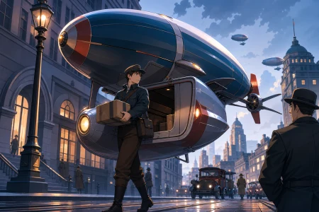 A 1920s city courier delivering packages by compact personal airship, grounded in everyday work and convincing period behavior. Wide period street scene centered on the alternate t