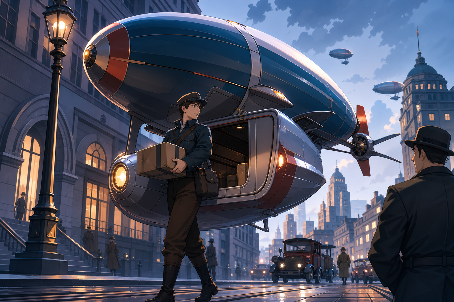 A 1920s city courier delivering packages by compact personal airship, grounded in everyday work and convincing period behavior. Wide period street scene centered on the alternate technology in use. Petrol blue, oxide red