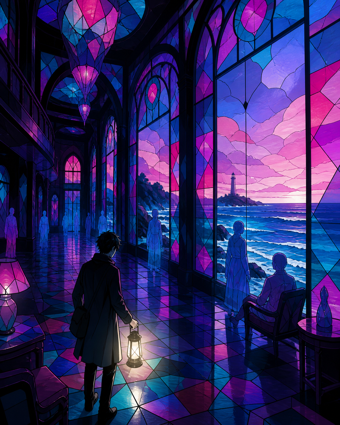A seaside hotel where translucent guests patiently wait for sunrise, explored by one cautious adult carrying a weak practical light. Suspenseful deep-perspective composition with the threat implied rather than centered. 