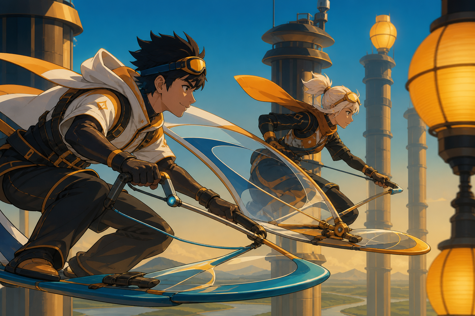 Professional racers steering translucent wind boards around tall towers, as changing winds force every competitor to choose a different route. Close side view of two racers against a simple distant landscape. Saffron, pe