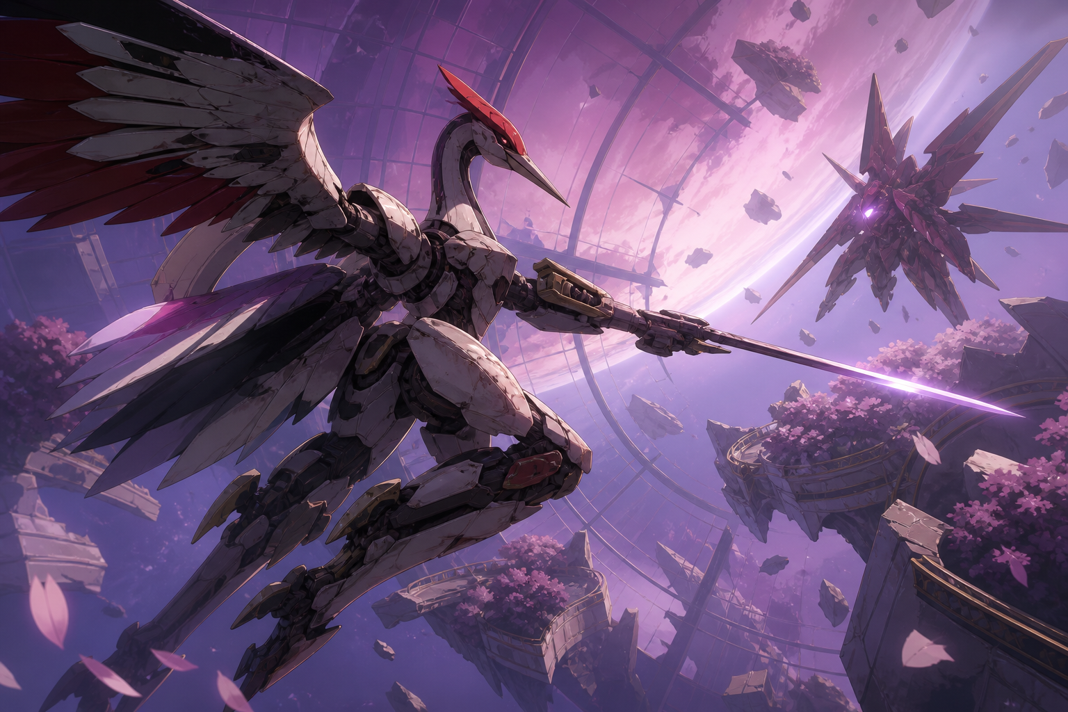 A battered rescue mecha designed like a red-crowned crane, fighting in zero gravity among fragments of a ruined orbital garden. Wide cinematic action tableau frozen at the clearest dramatic instant. Mulberry, tea brown, 