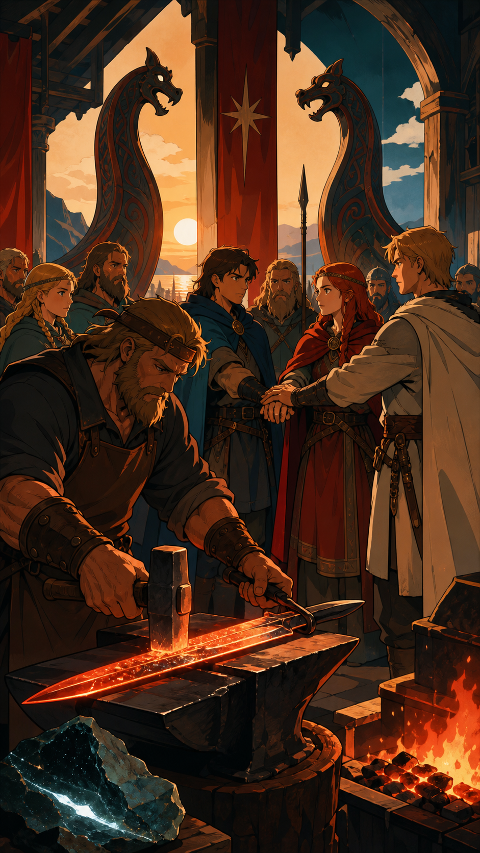 A smith forging a sword from metal found inside a fallen star, as a public oath commits the heroes to a dangerous expedition. Interior great-hall tableau organized around a binding public oath. Vermillion, charcoal, warm
