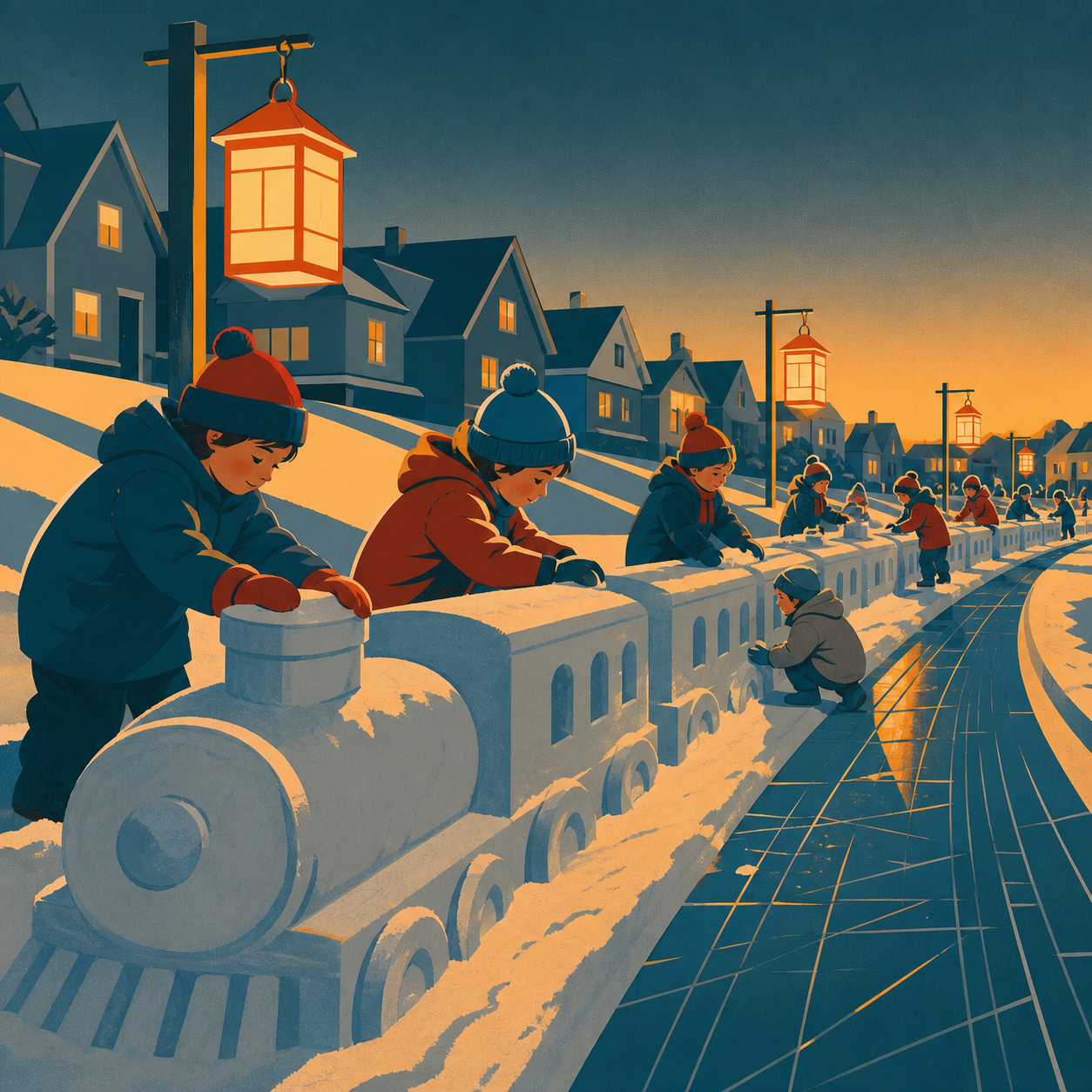 Children building a snow train long enough for the whole neighborhood, at the warm transition from afternoon into evening lights. Low action view along a sled or skating path. Petrol blue, oxide red, industrial gray, and