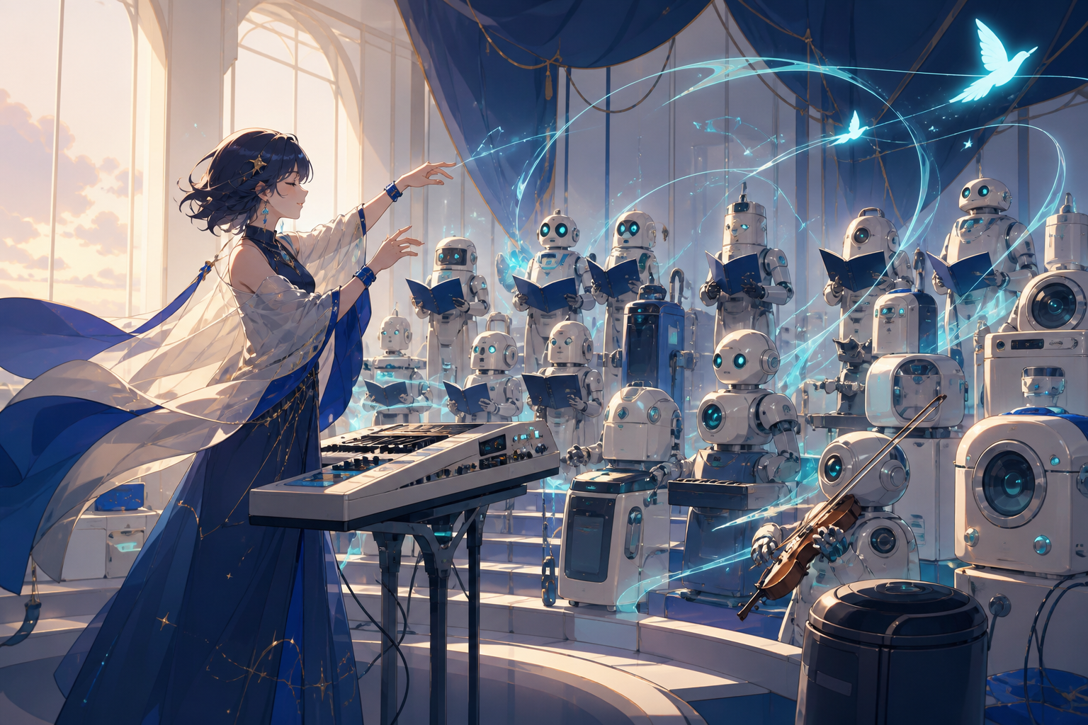 An electronic musician conducting a choir of obsolete household robots, during a rehearsal that unexpectedly becomes magical. Dynamic stage-wide frame with movement radiating from the lead performer. Ultramarine, biolumi