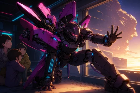 A deep-space maintenance suit unfolding into an asymmetrical combat machine, bracing against a shockwave while protecting civilians just outside frame. Wide cinematic action tablea