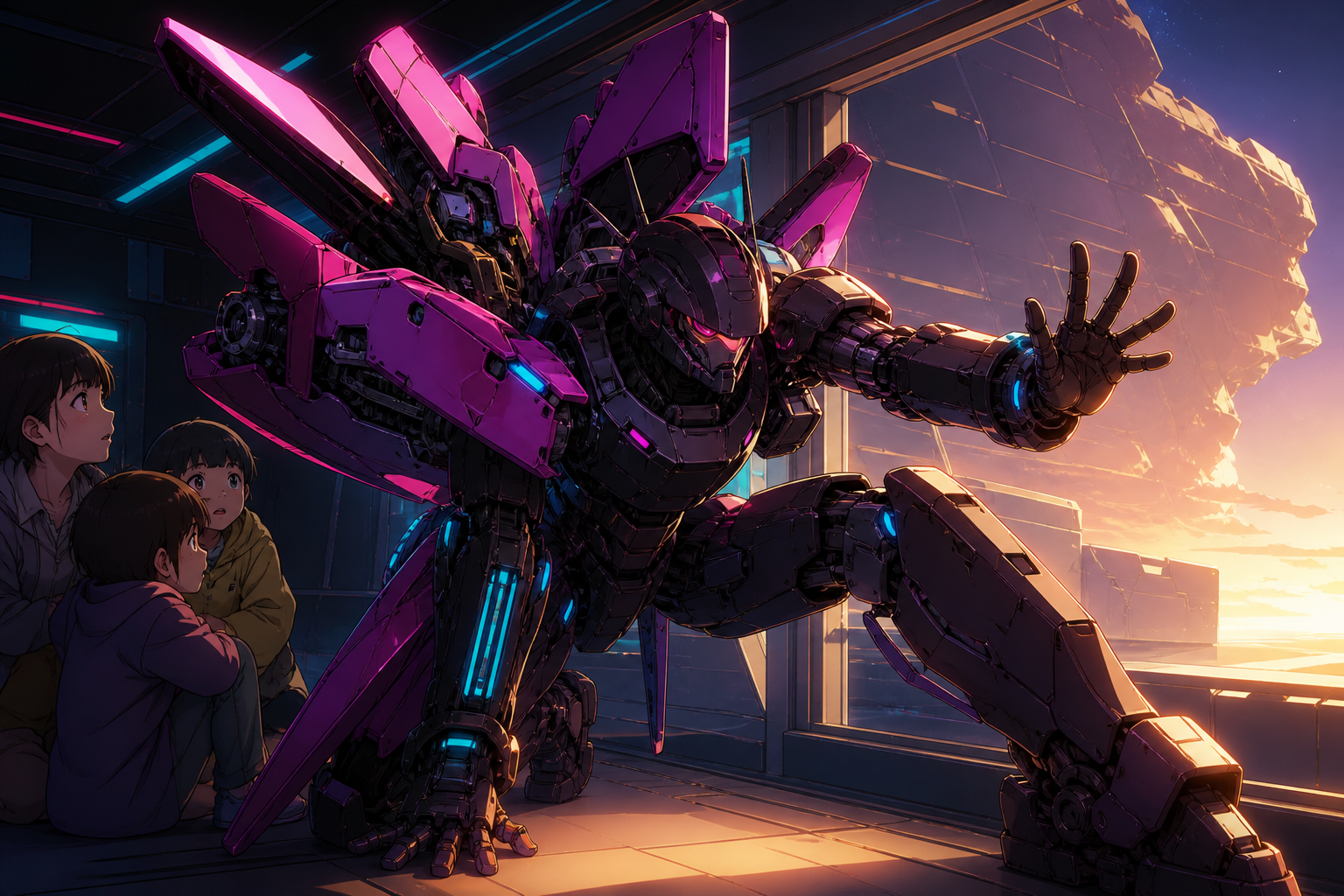A deep-space maintenance suit unfolding into an asymmetrical combat machine, bracing against a shockwave while protecting civilians just outside frame. Wide cinematic action tableau frozen at the clearest dramatic instan