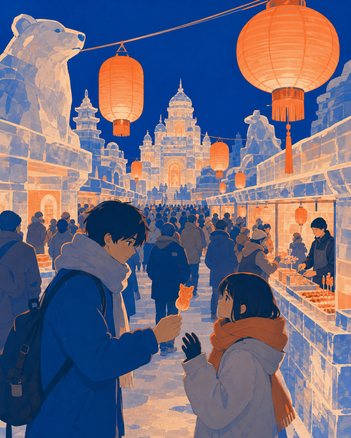 A winter night market carved entirely from colored ice, shown at its busiest while one quiet interaction anchors the scene. Immersive crowd-level panorama with clear focal lighting. Cobalt, persimmon orange, warm concret
