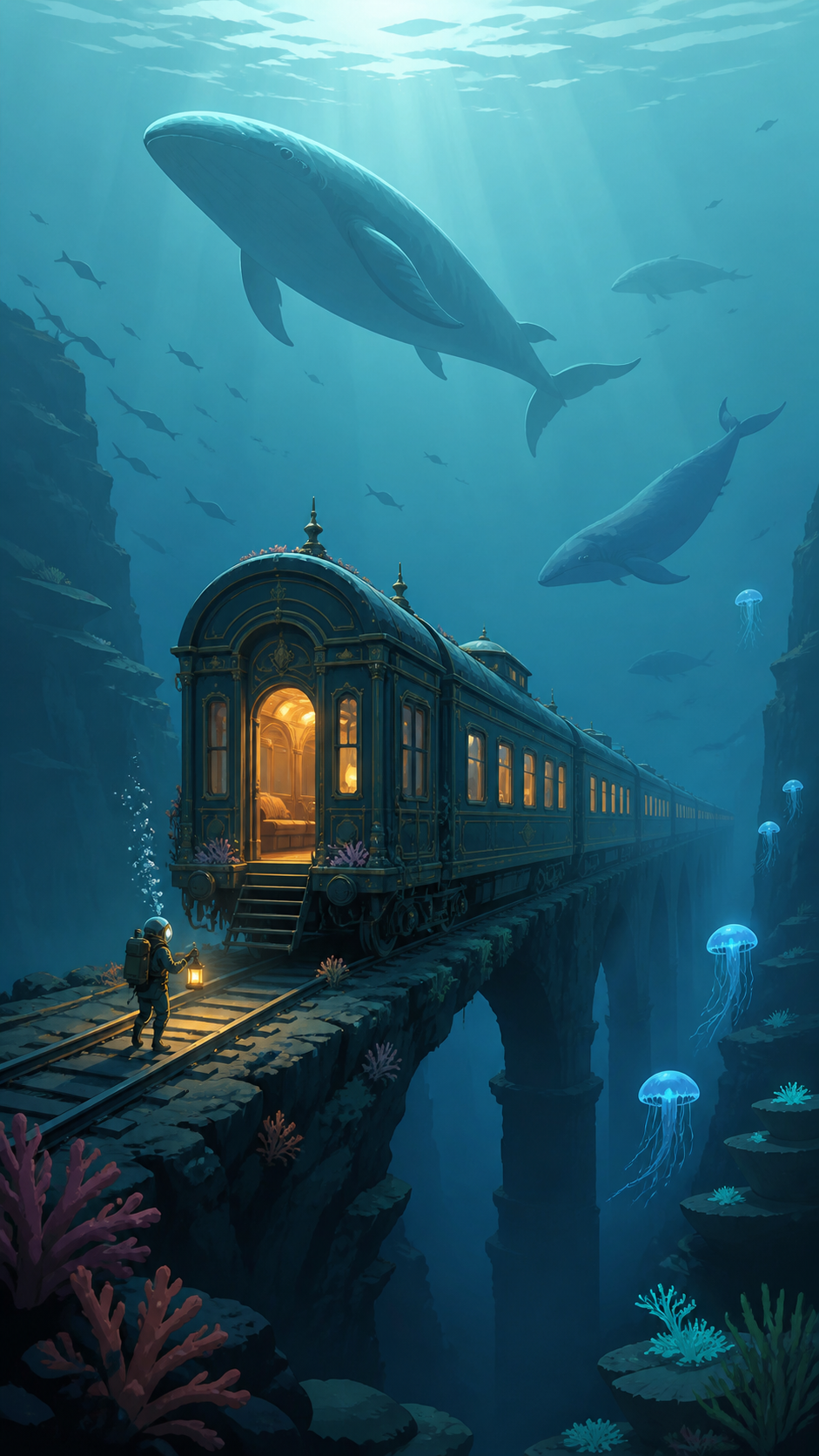 A sunken royal train crossing an ocean trench on intact rails, explored by a single tiny diver with a warm lantern. Vertical descent composition with a tiny explorer providing scale. Sea-glass green, faded coral, storm g