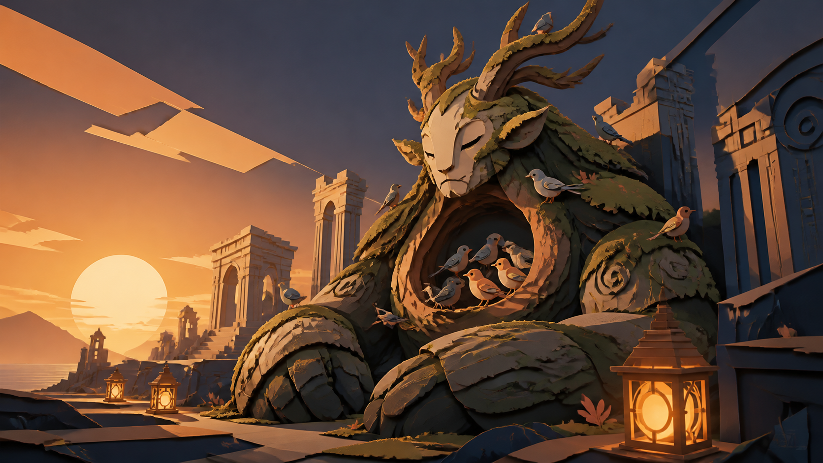 A gentle moss-covered guardian with a hollow chest full of songbirds, resting beside traces of an ancient civilization at dawn. Majestic full-body creature composition with environmental scale cues. Amber, walnut brown, 
