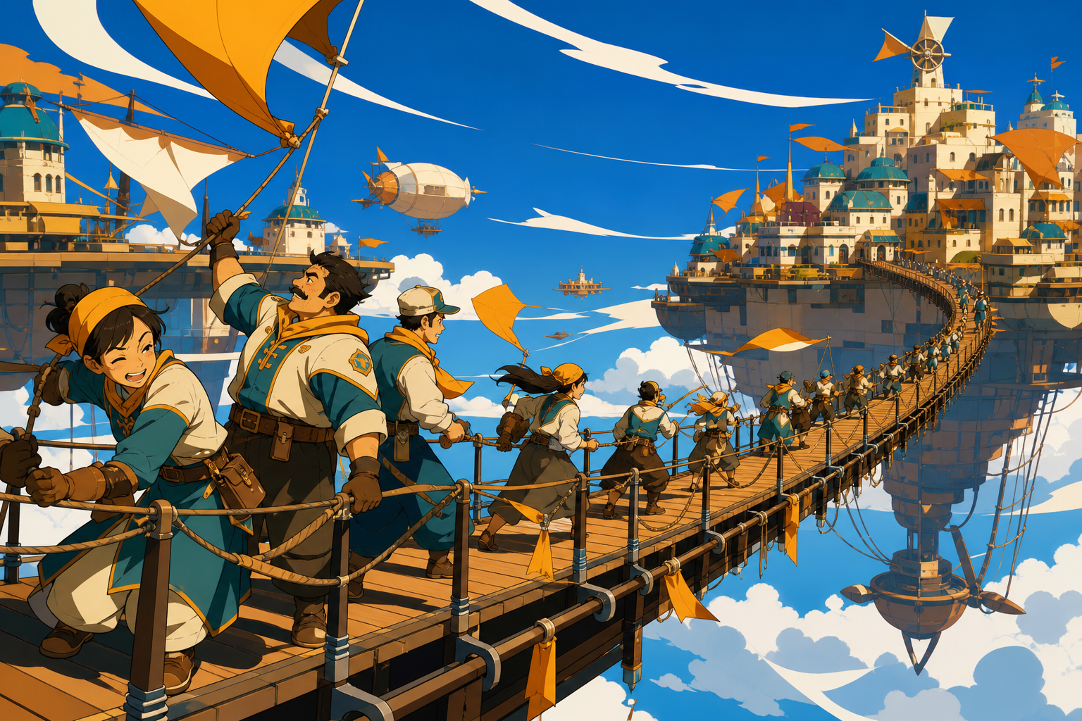 An impossibly long pedestrian bridge connecting two moving sky kingdoms, as changing winds force inhabitants into a practiced communal response. Sweeping aerial panorama with a strong route across the frame. Saffron, pea