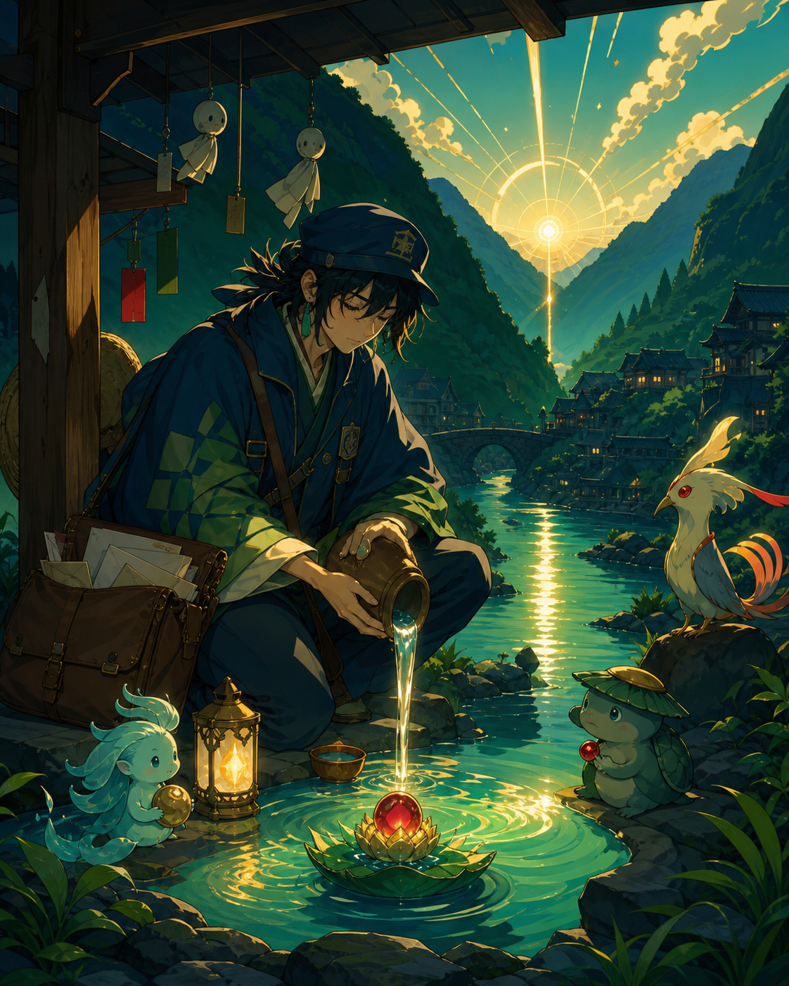 A river deity disguised as a tired rural mail carrier, performing a small ritual whose meaning is revealed through objects. Storybook narrative scene with a clear beginning and implied aftermath. Emerald, stained-glass r