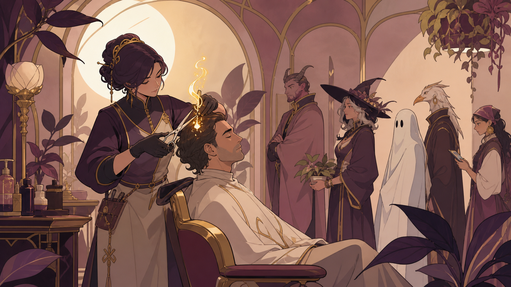 A neighborhood hairdresser carefully trimming a harmless curse from an adult customer, while a line of unusual customers waits with patient familiarity. Observational workplace scene centered on one clear service interac