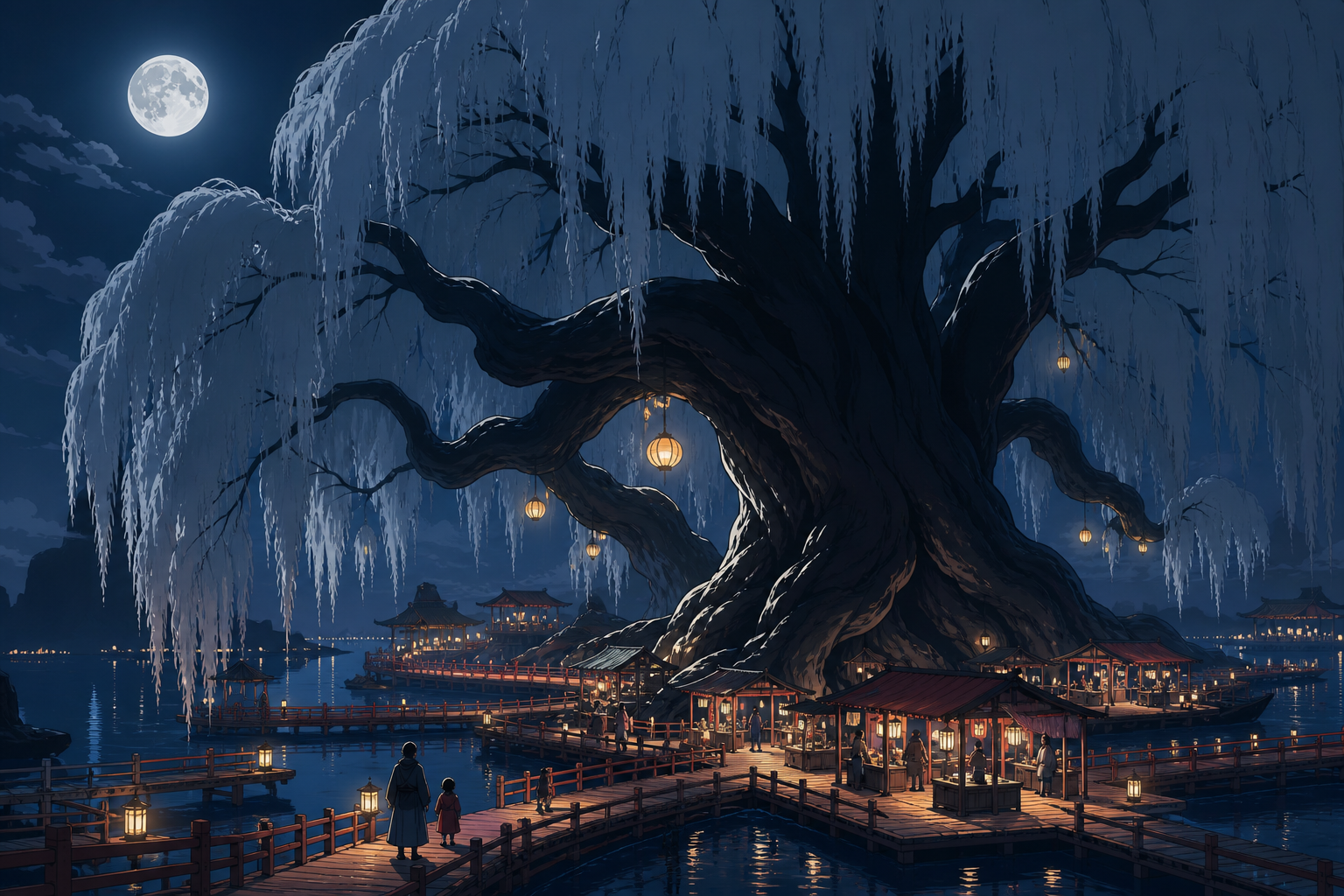 A moonlit willow sheltering a quiet market on floating walkways, with tiny visitors clearly revealing the extraordinary scale. Wide landscape frame with the tree organizing every path and settlement. Pine black, snow blu