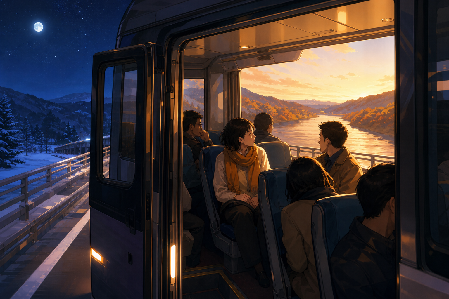 An overnight bus crossing a bridge that briefly passes through another season, when one shared observation changes the atmosphere among the passengers. Platform view framing an intimate moment through open vehicle doors.