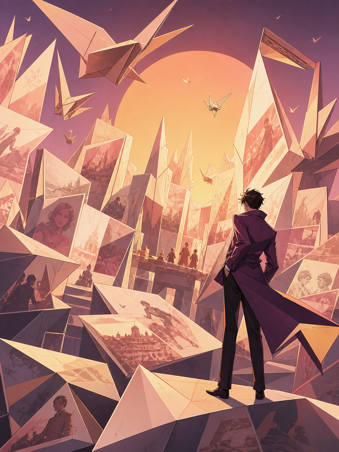 A city assembled entirely from folded memories represented as translucent paper, expressed as a visually coherent editorial artwork with no written explanation. Bold gallery-poster composition with no typography. Muted r