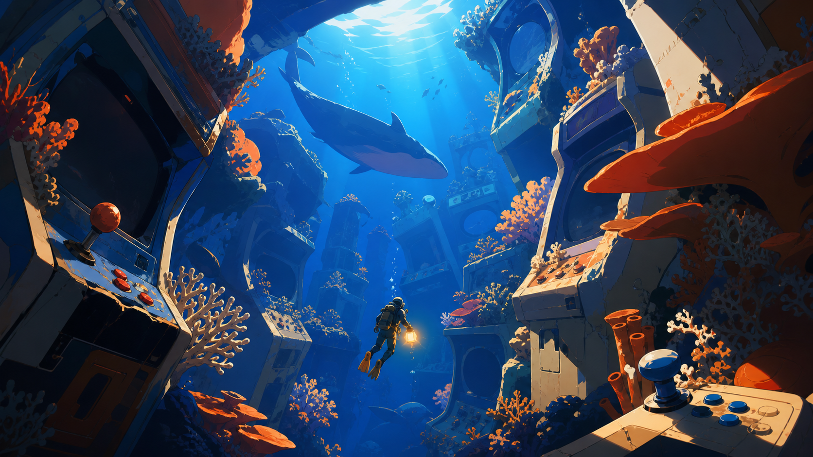 An abandoned underwater arcade slowly becoming a coral reef, explored by a single tiny diver with a warm lantern. Vertical descent composition with a tiny explorer providing scale. Cobalt, persimmon orange, warm concrete