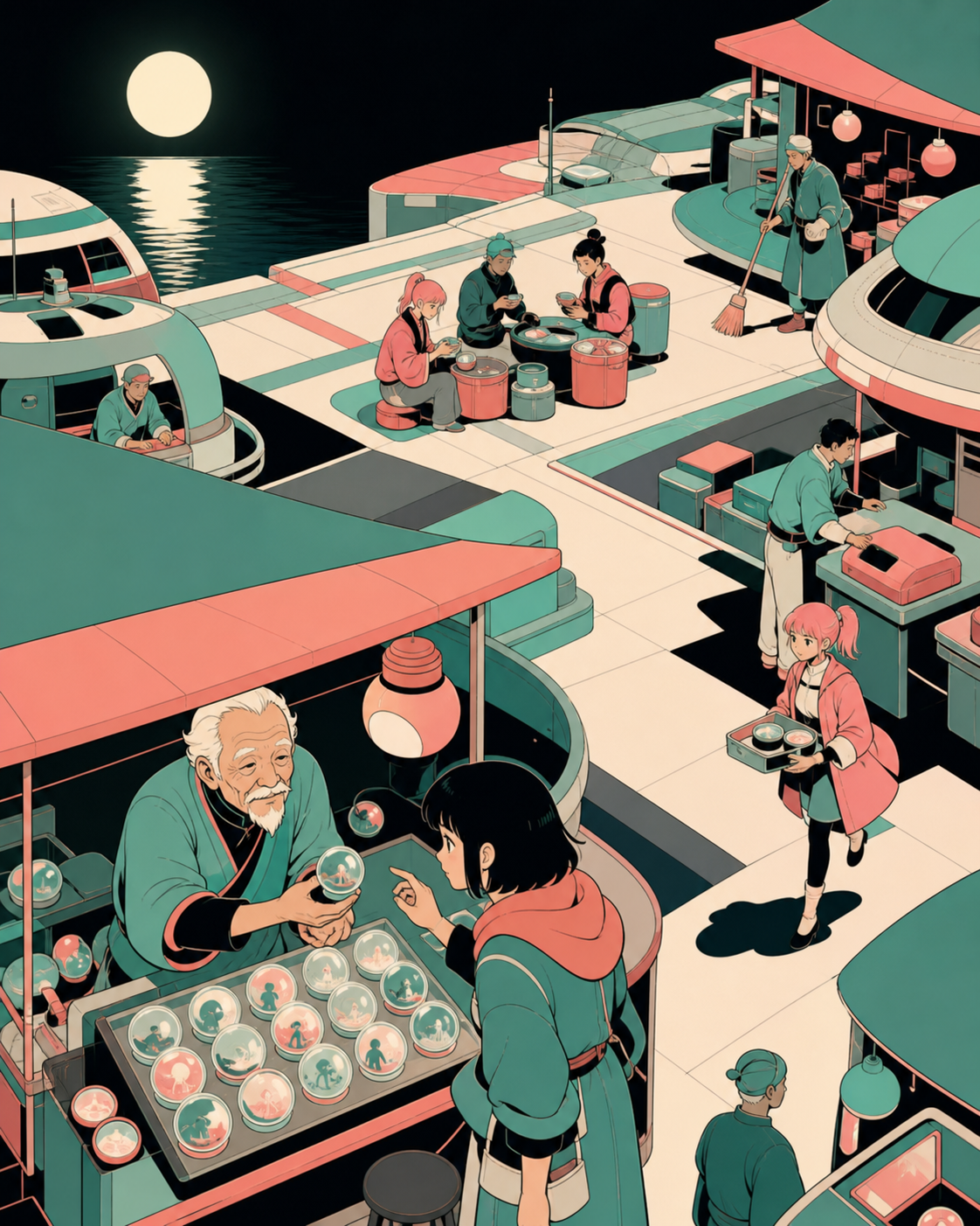 An elderly vendor offering memories stored in simple glass tokens, near closing time when vendors share food and reset their stalls. Elevated composition revealing intersecting paths and stall clusters. Celadon, coral pi
