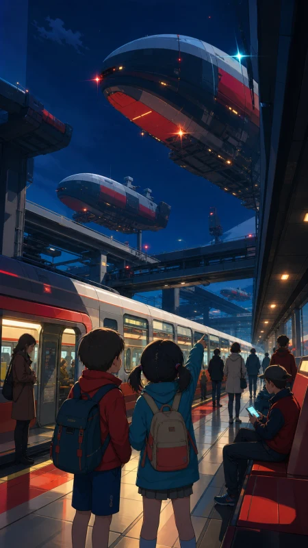 Children watching freight airships pass above a suburban station, late at night when public transport feels temporarily intimate. Wide station frame showing vehicle, platform, and 