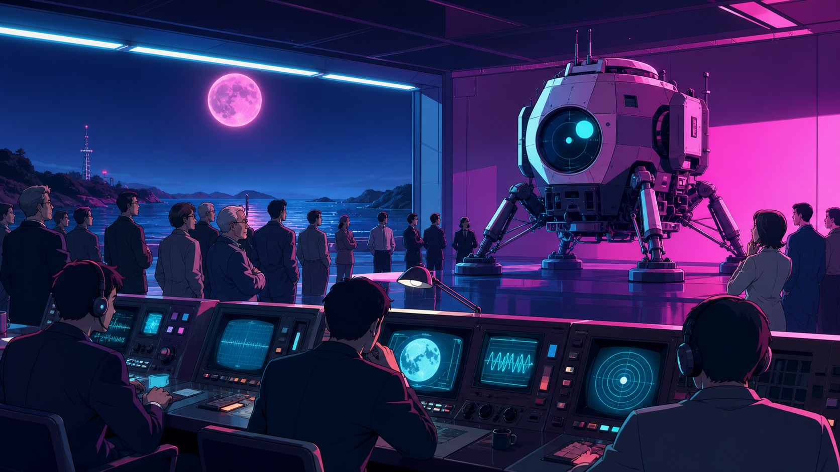 A 1960s coastal research office receiving the first message from beneath the moon, during a public demonstration attended by skeptical adults. Observational workplace view where the unusual machine feels routine. Saturat