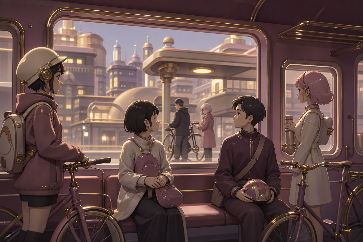 A bicycle train connecting small neighborhoods after dark, during a brief stop that brings unrelated passengers together. Interior view looking through a large window at passing architecture. Muted rose, parchment, muted