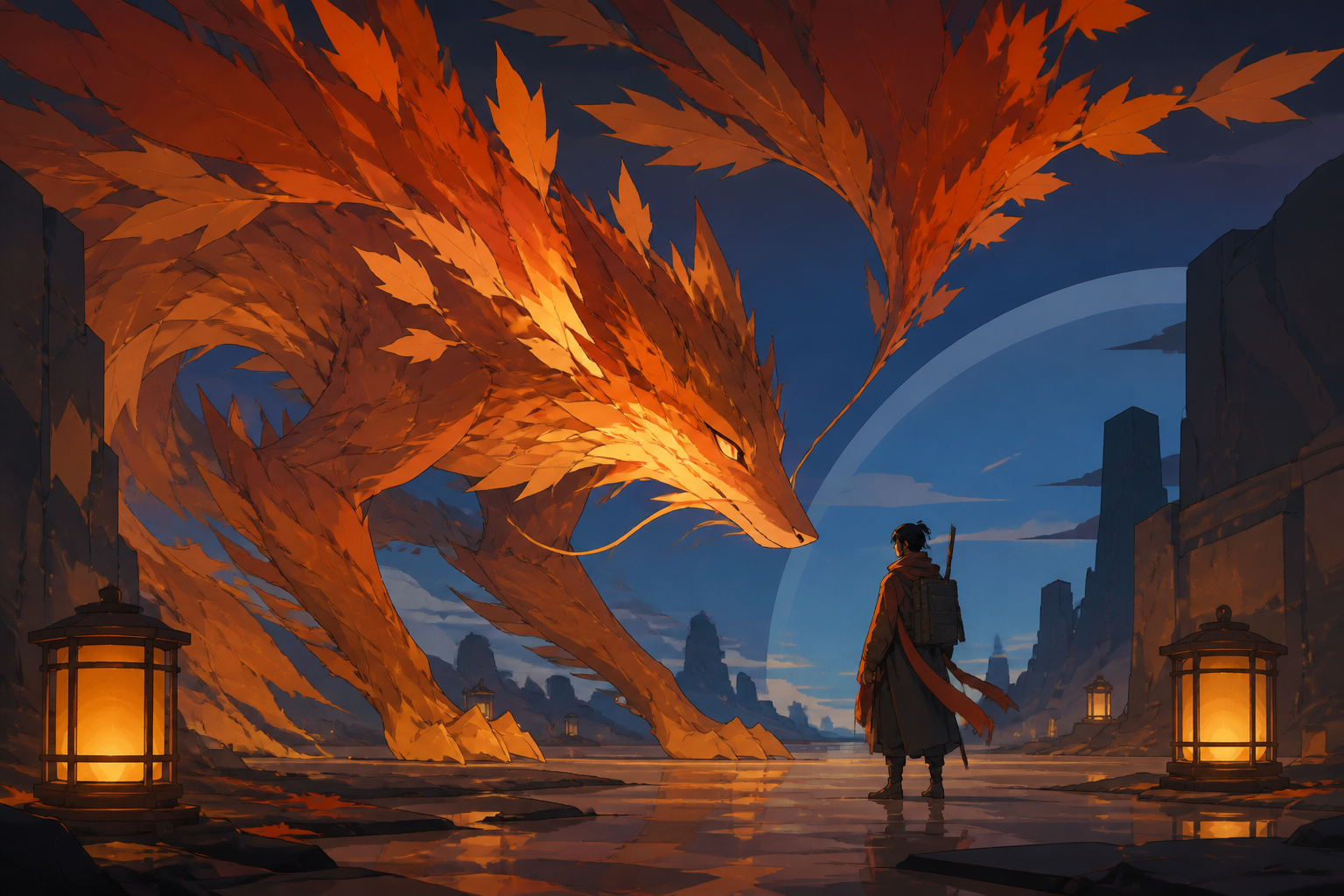 A fox-dragon made from autumn leaves and ember-like light, meeting a lone traveler without hostility for the first time. Majestic full-body creature composition with environmental scale cues. Amber, walnut brown, rain bl