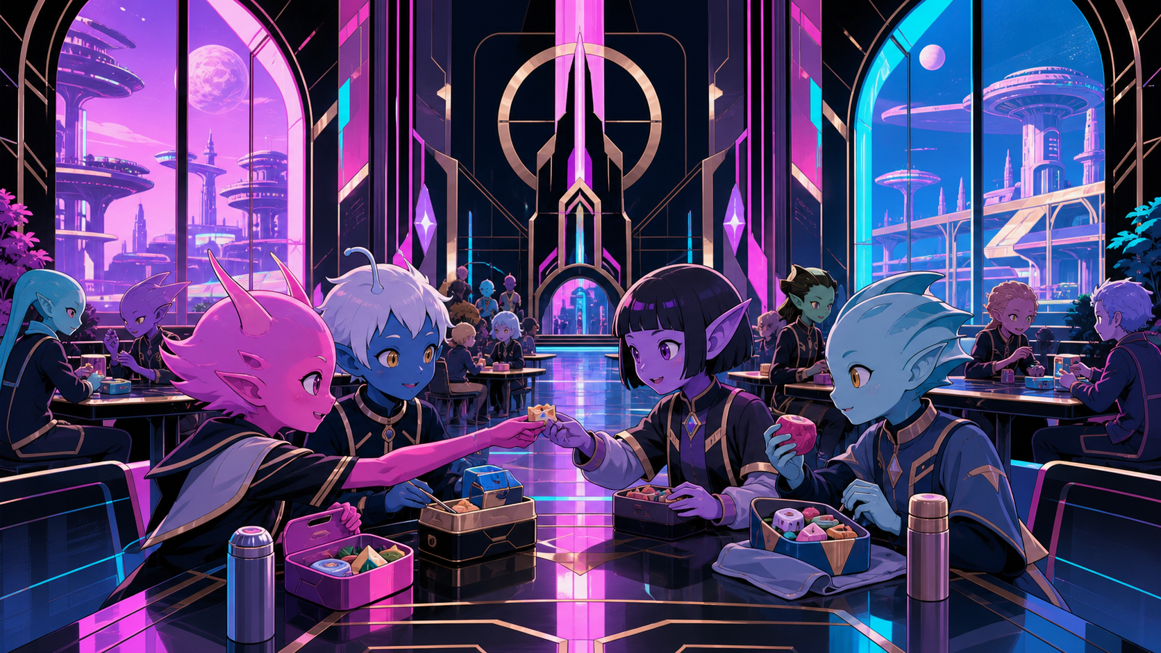Children from different planets trading lunch snacks at school, during a relatable ordinary problem in an unfamiliar society. Wide social composition showing several adaptations in one space. Saturated magenta, electric 