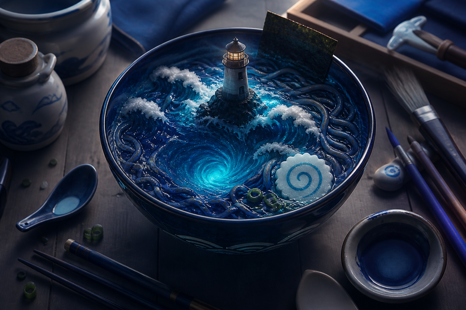 A midnight ramen bowl containing a tiny stormy ocean and lighthouse, surrounded by tiny evidence of the craft used to make it. Carefully composed tabletop still life viewed slightly from above. Ultramarine, bioluminescen