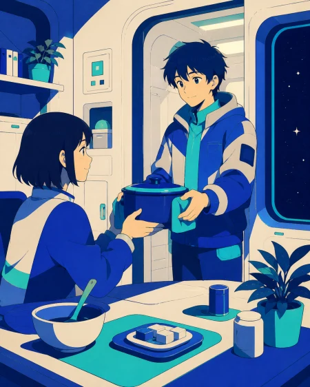 A spacecraft neighbor returning a borrowed cooking pot during artificial night, while distant space remains a quiet backdrop rather than the main event. Intimate table-level compos
