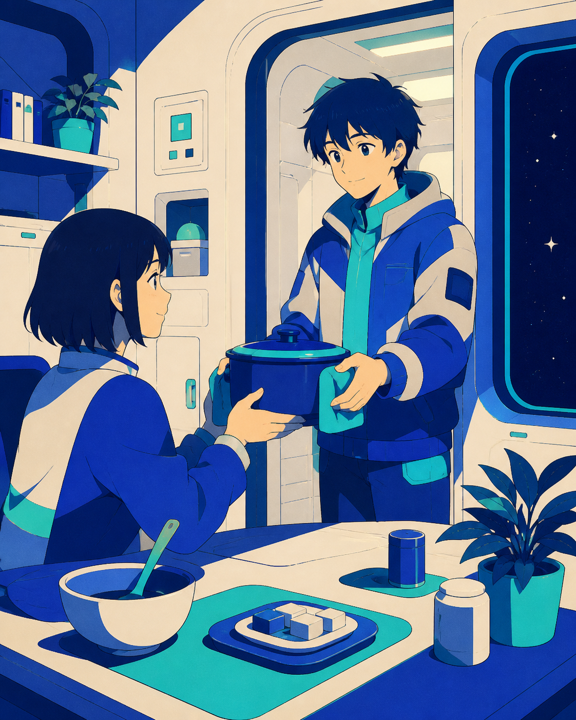 A spacecraft neighbor returning a borrowed cooking pot during artificial night, while distant space remains a quiet backdrop rather than the main event. Intimate table-level composition anchored by a shared everyday task