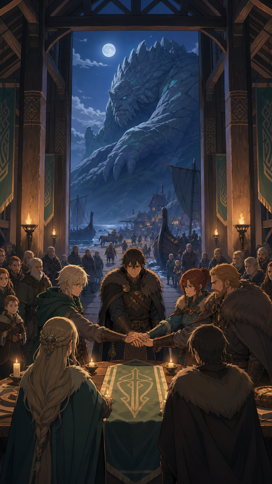 Villagers evacuating as a sleeping mountain creature begins to rise, as a public oath commits the heroes to a dangerous expedition. Interior great-hall tableau organized around a binding public oath. Moonlit indigo, oxid