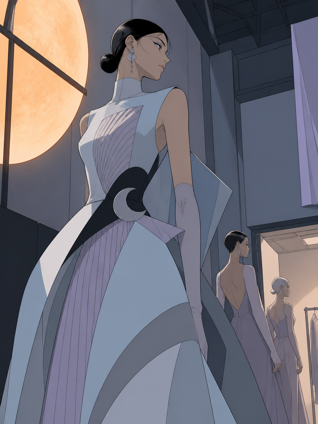 An adult runway model waiting backstage in sculptural lunar eveningwear, captured as a character-driven editorial moment rather than a product display. Low-angle fashion portrait balanced by graphic studio architecture. 
