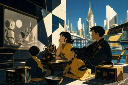 A family watching an old analog film beside a future city canal, on a free evening when the city feels playful rather than threatening. Table-height ensemble centered on expressive