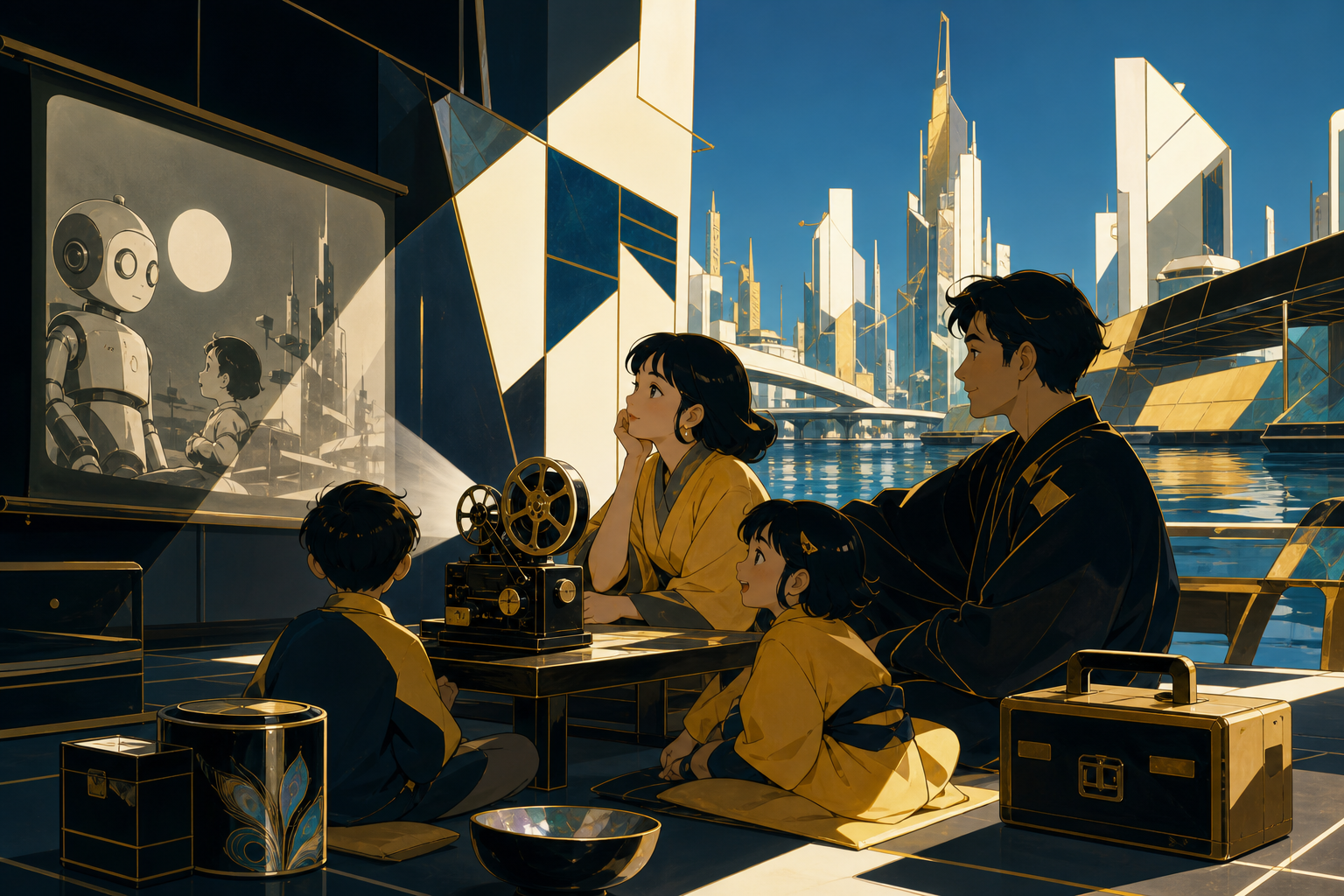 A family watching an old analog film beside a future city canal, on a free evening when the city feels playful rather than threatening. Table-height ensemble centered on expressive reactions. Saffron, peacock blue, dark 